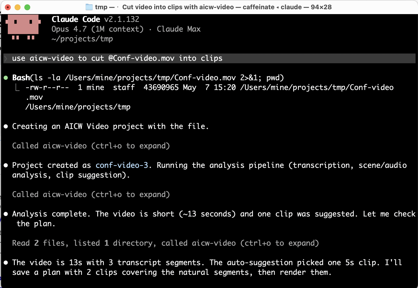 Claude Code calling AICW Video to create and analyze a project